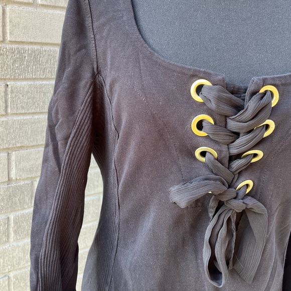 FREE PEOPLE Black Cotton Long Sleeve Oversized Lace Up Top, Sz L - Picture 4 of 10